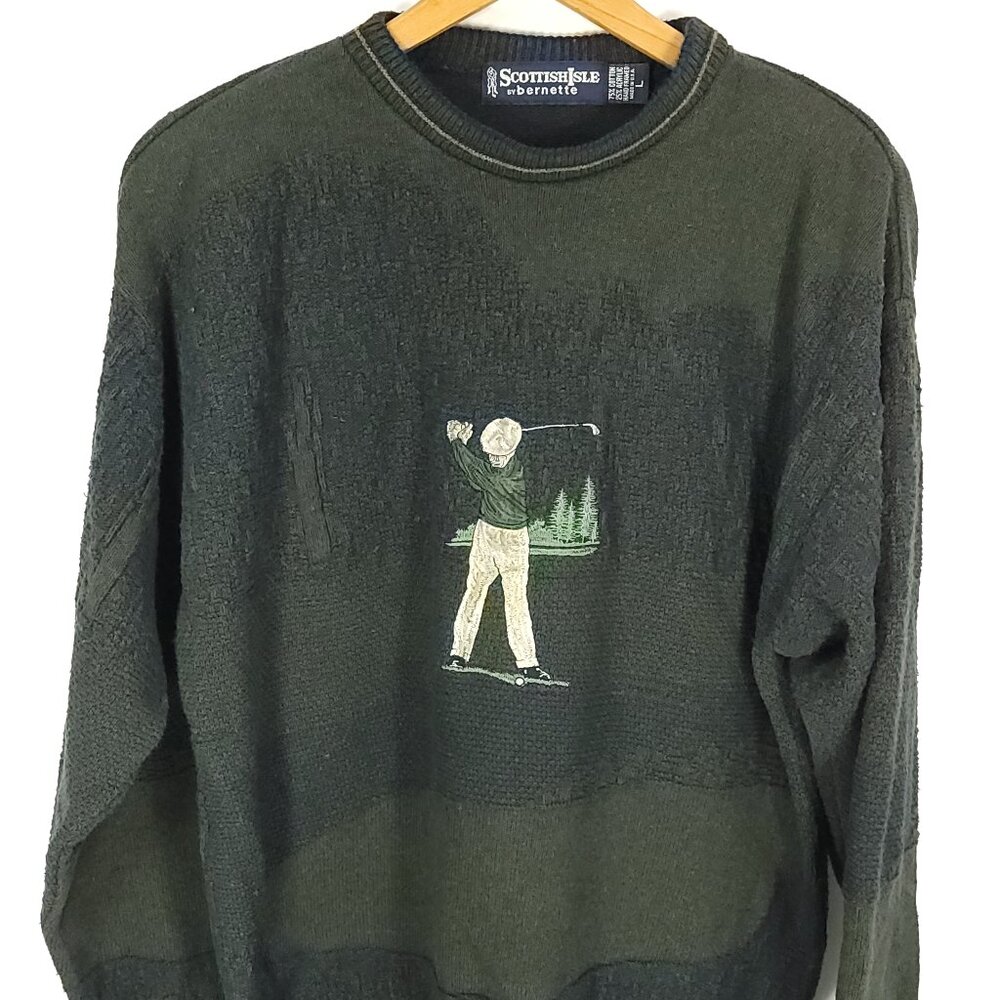 Vtg Scottish Isle By Bernette Sweater Men's Large Embroidered Golfer Green Gray